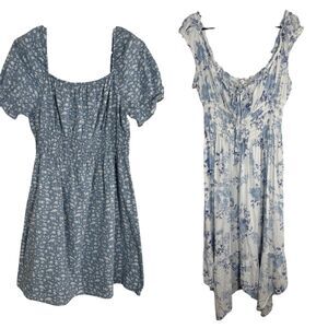Womens Blue White Floral Babydoll Dress Bundle XL Cottagecore Milkmaid Feminine